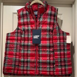 NWT 100% Down Red Plaid Puffer Women Vest Rugged OutdoorThrowback Lands End 1X